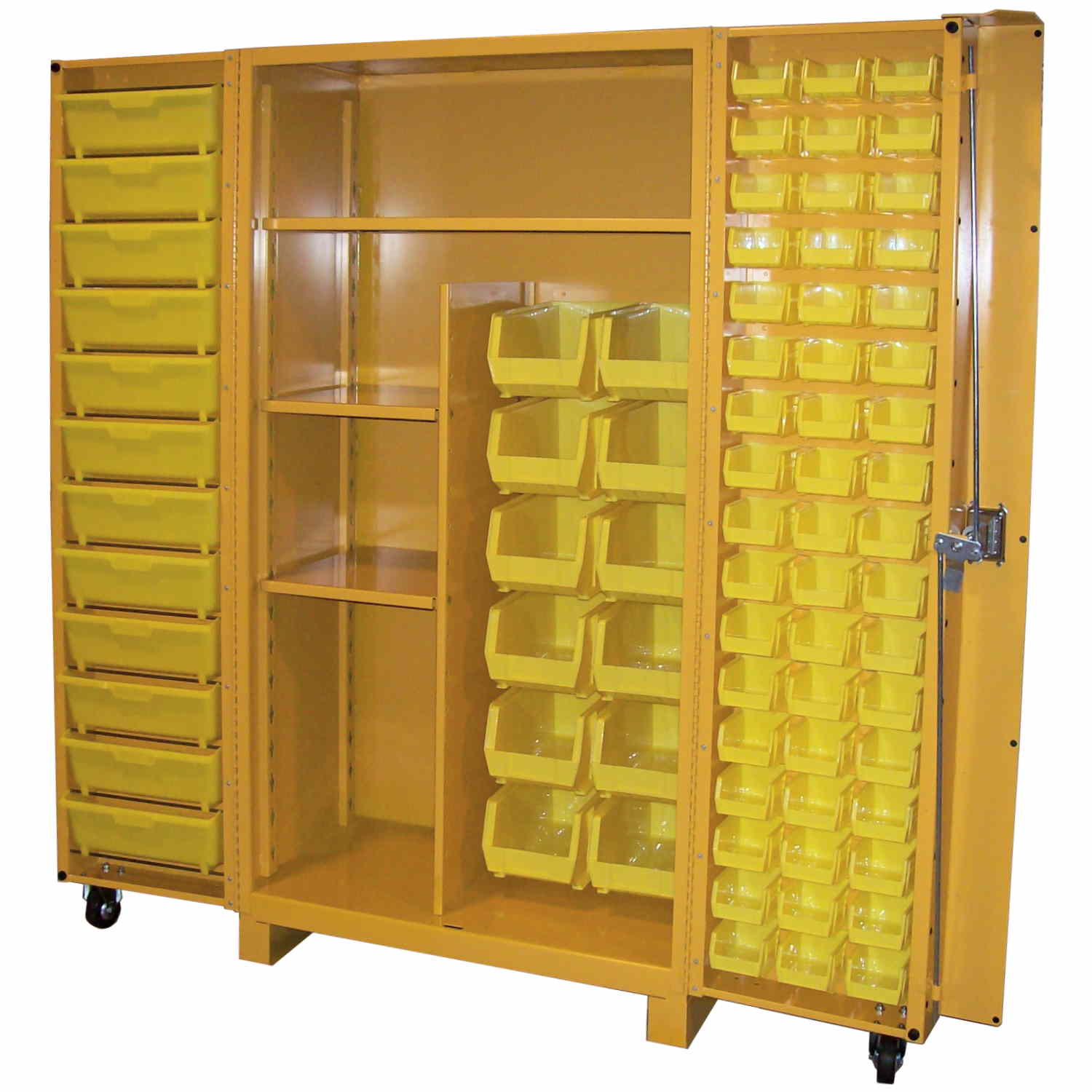 Global Industrial 662147YL Bin Cabinet with 132 Yellow Bins, 38x24x72