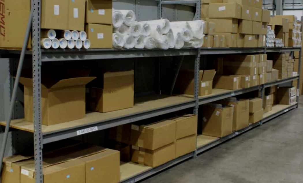 Cardboard Bins on Sliding Shelves, Parts Storage Racks