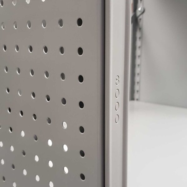 Steel pegboard panels for industrial shelving on 8000 series t-post